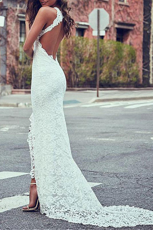 High Neck Lace Summer Beach Wedding Dress for Hot Days