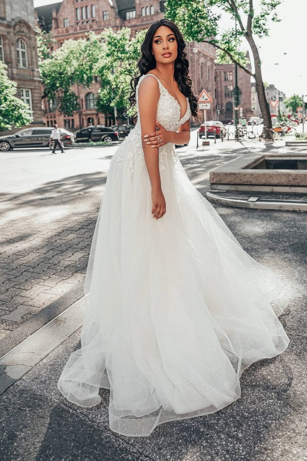 Look Stunning in Amazing Deep V-neck A-Line Floor-length Wedding Dress With Tulle Floral Lace