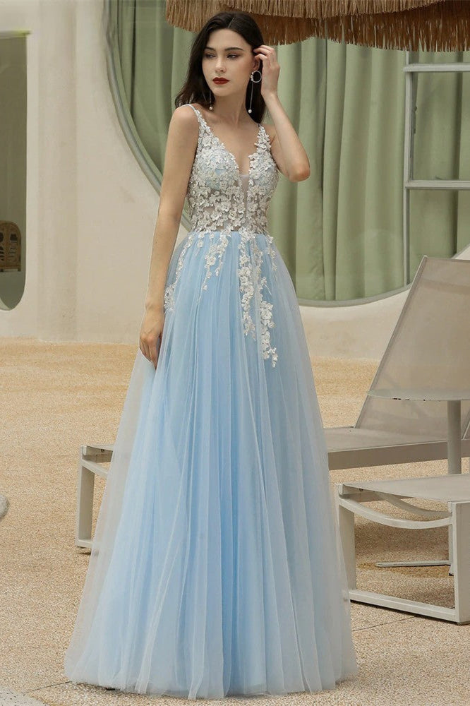 Sky Blue Sweetheart V-Neck Spaghetti-Straps Long Prom Dress