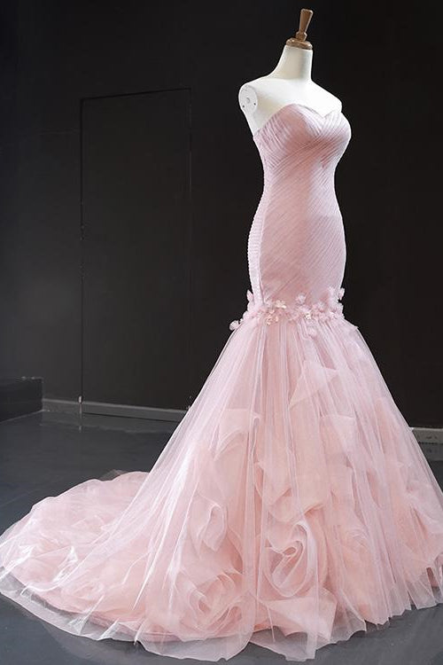 Pink Sweetheart Mermaid Sleeveless Prom Dress With Tulle Ruffle Online