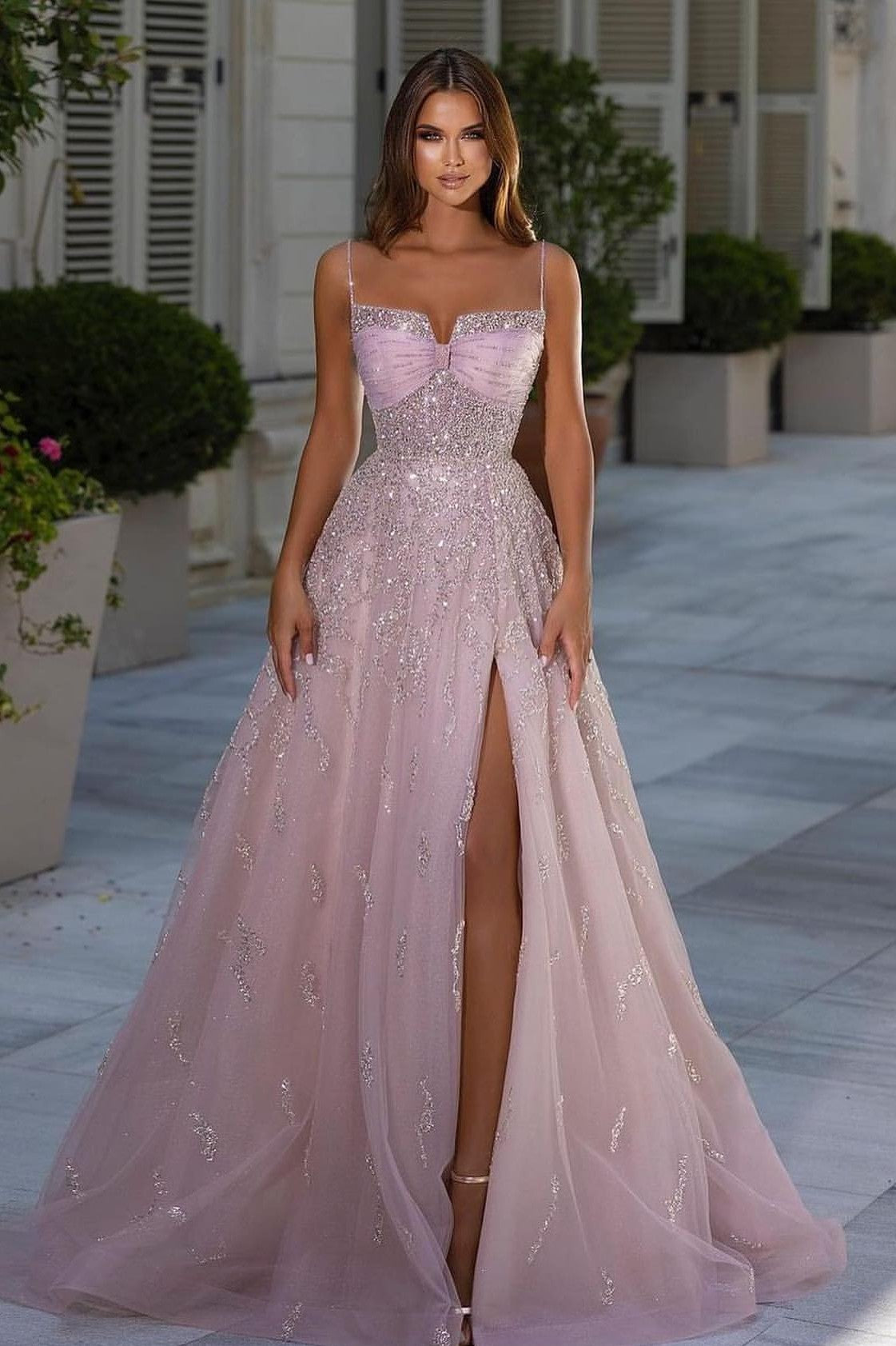 Gorgeous Pink A-Line Prom Dress with Appliques and Split