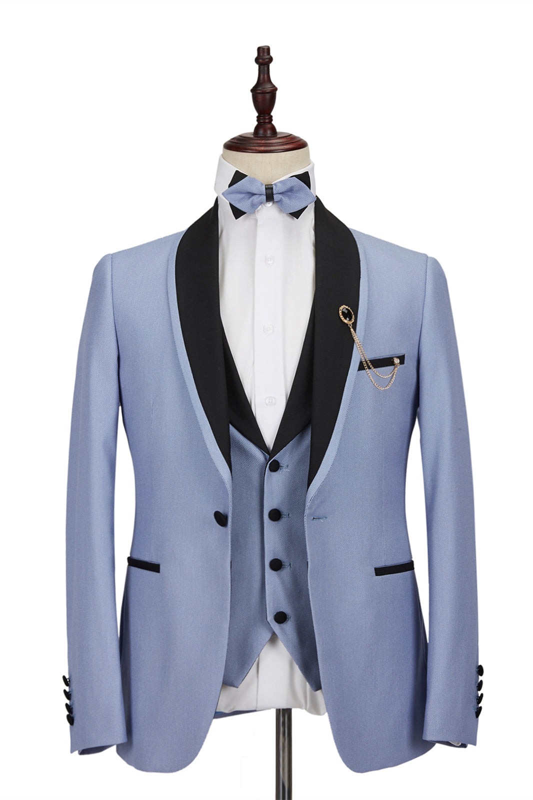 Reception Style: One Button Suit with Light Blue Stitching and Black Shawl Lapel