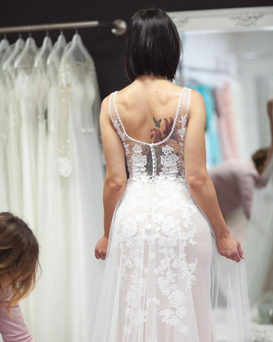 A-Line Wedding Dress with Lace Appliques and Backless Design - Simple Deep V-neck Floor-length Tulle