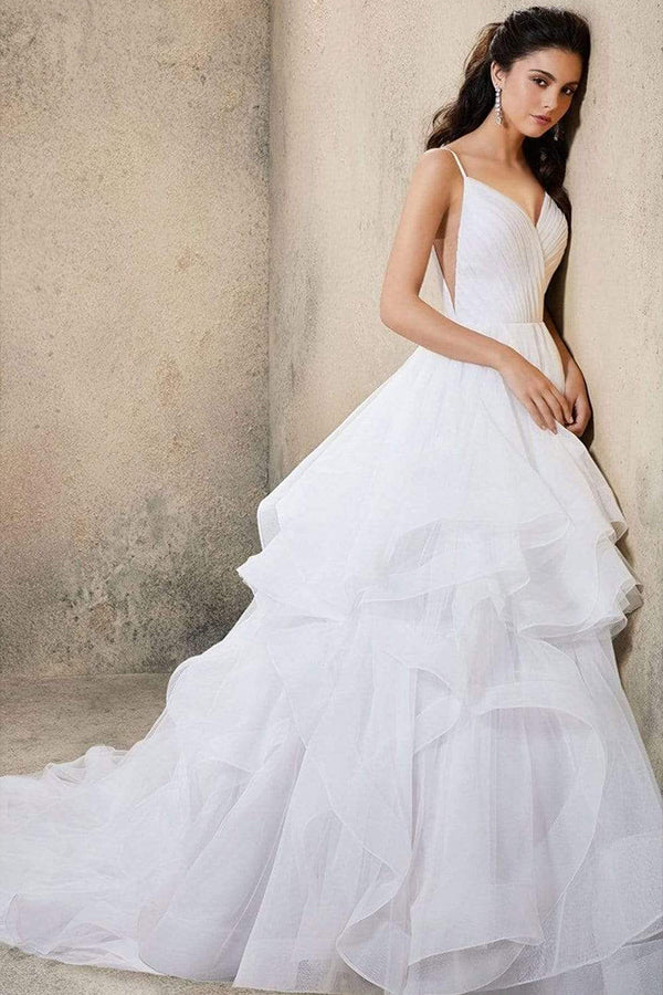 V-Neck Wedding Dress with Ruffles Tulle & Spaghetti Straps