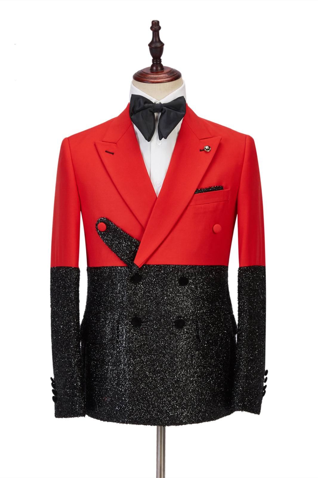 Newest Peak Lapel Sparkle Black Tuxedo with Bright Red Stitching