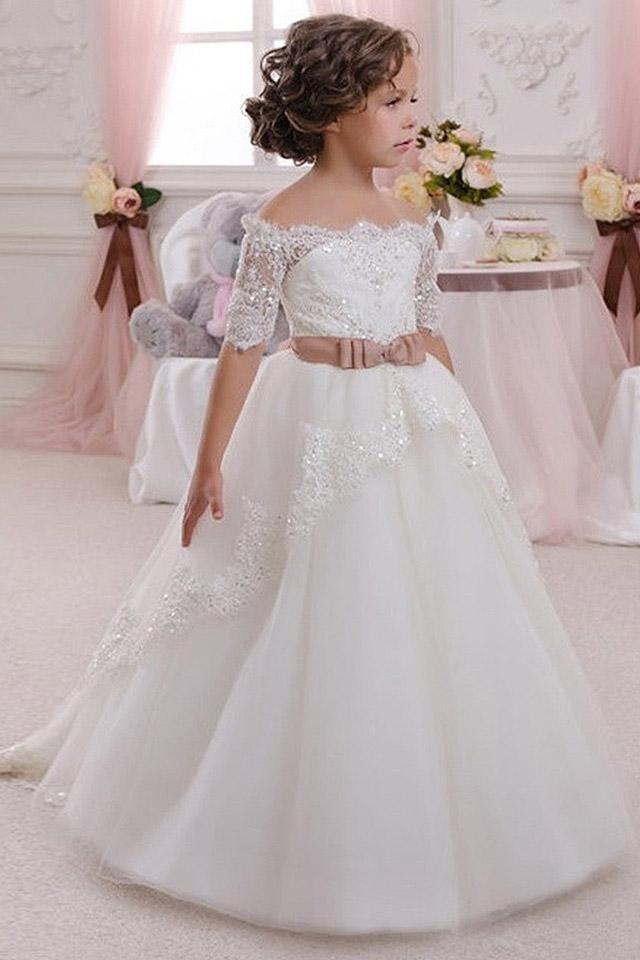 Gorgeous White Ball Gown for Girls with 1/2 Sleeves and Lace Detail