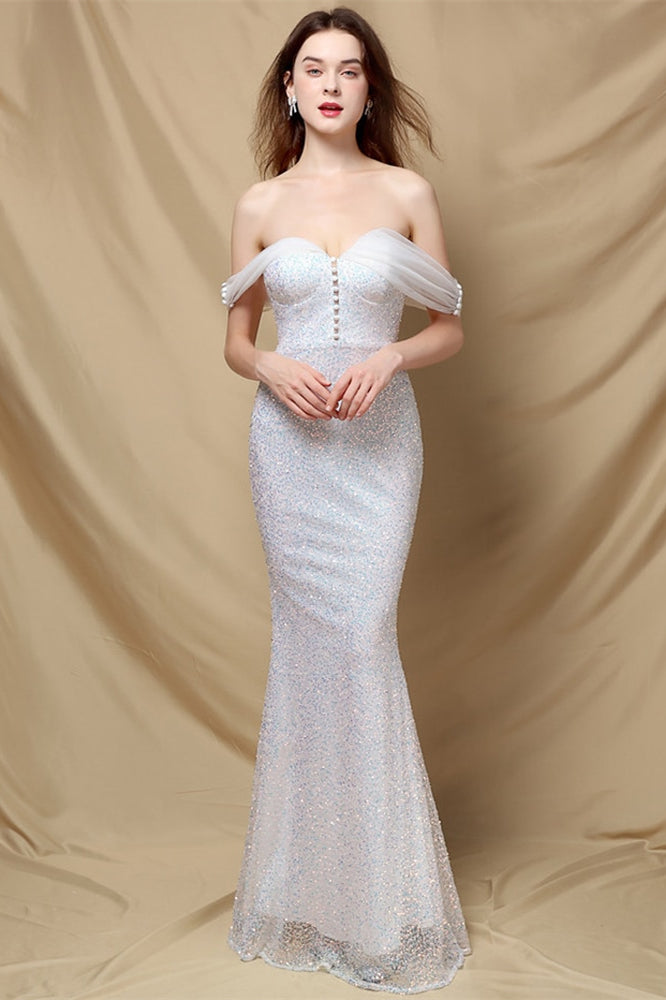 Elegant Off-The-Shoulder Mermaid Sequins Prom Dress With Sweetheart Buttons