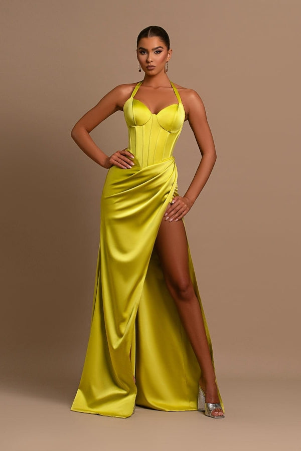 Yellow Halter Neck Mermaid Prom Dress With Split