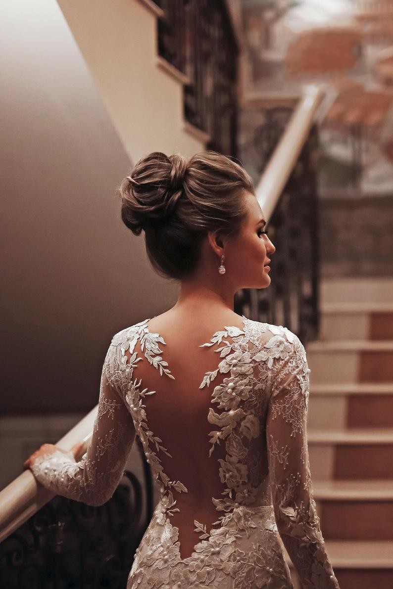 Unique Long Sleeve Mermaid Wedding Dress with Appliques Lace