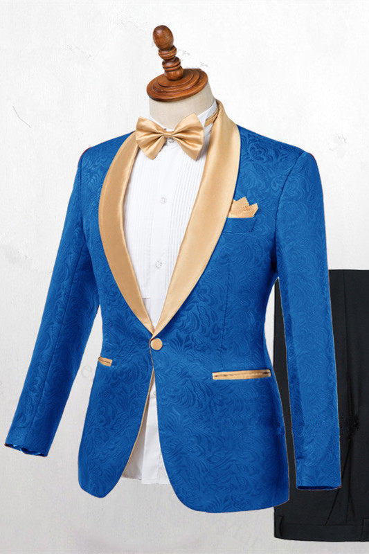 Popular Blue Shawl Lapel Men's Wedding Suit With Jacquard