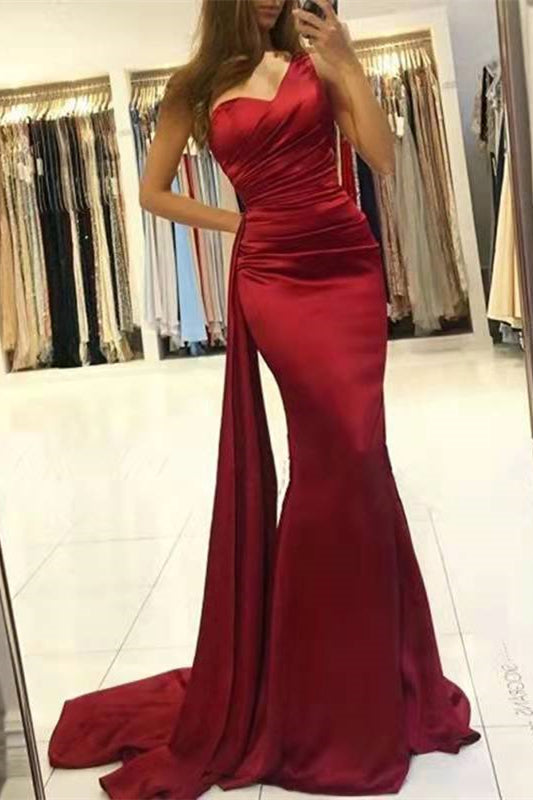 Stunning Wine Red Mermaid One Shoulder Prom Dress With Ruffles