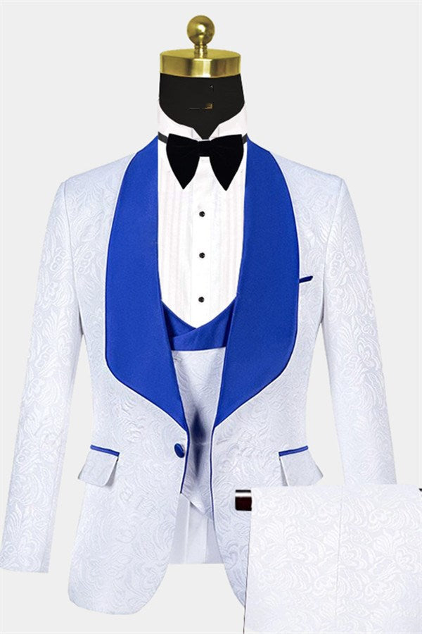 Blue Shawl Lapel White Jacquard Tuxedo Suit - Perfect for Groom