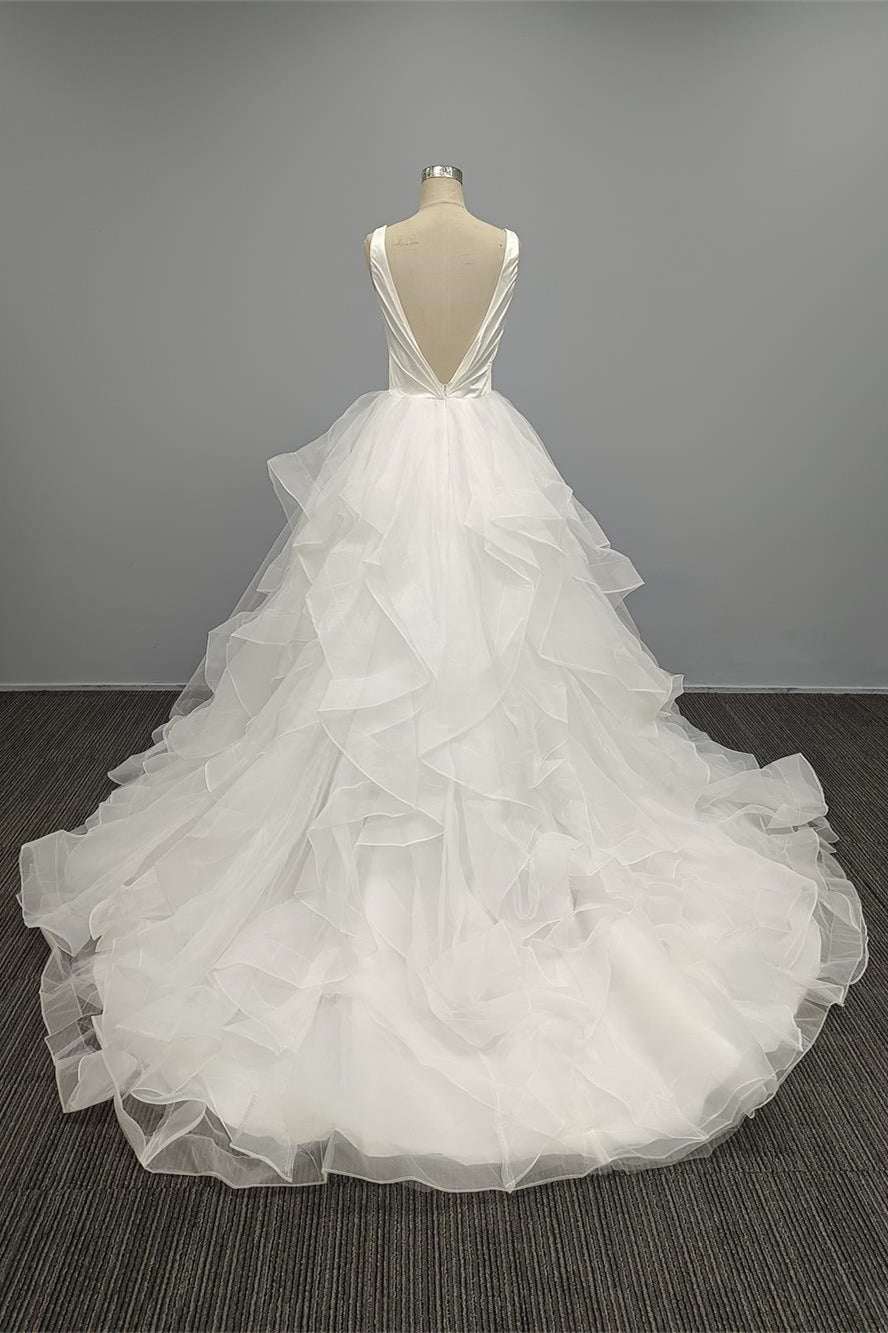 V Neck Wedding Dress With Open Back & Tutu Tulle for Simple A Line Look