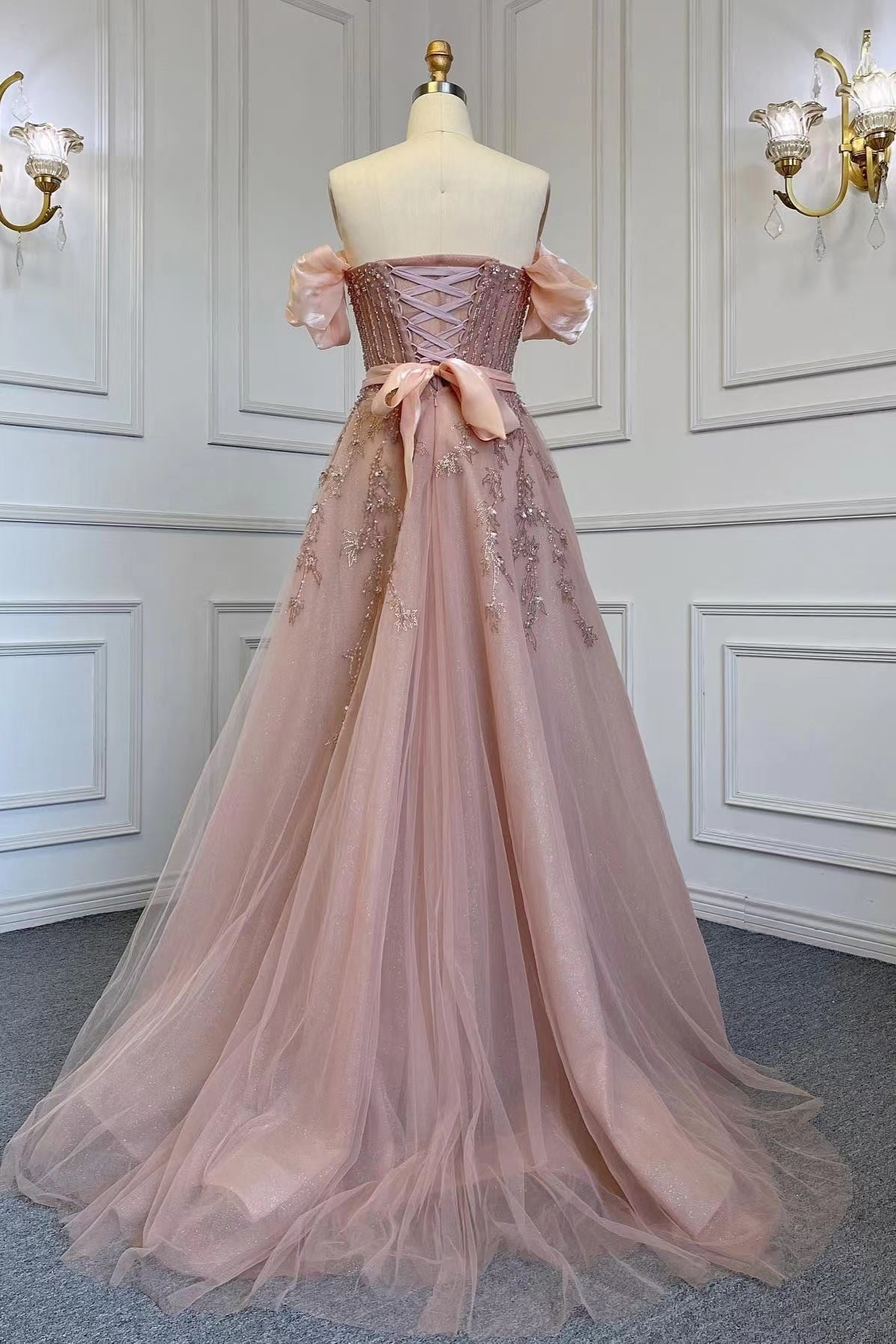 Pink Off-The-Shoulder Bubble Sleeves Prom Dress with Sequins and Tulle Belt