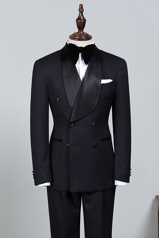 Solomon Stylish All-Black Double-Breasted Bespoke Wedding Suit for Bridegrooms