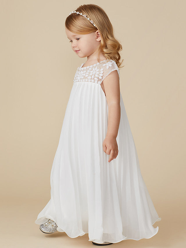 Short Sleeve Jewel Neck Flower Girl Dresses with Chiffon Beading and Draping