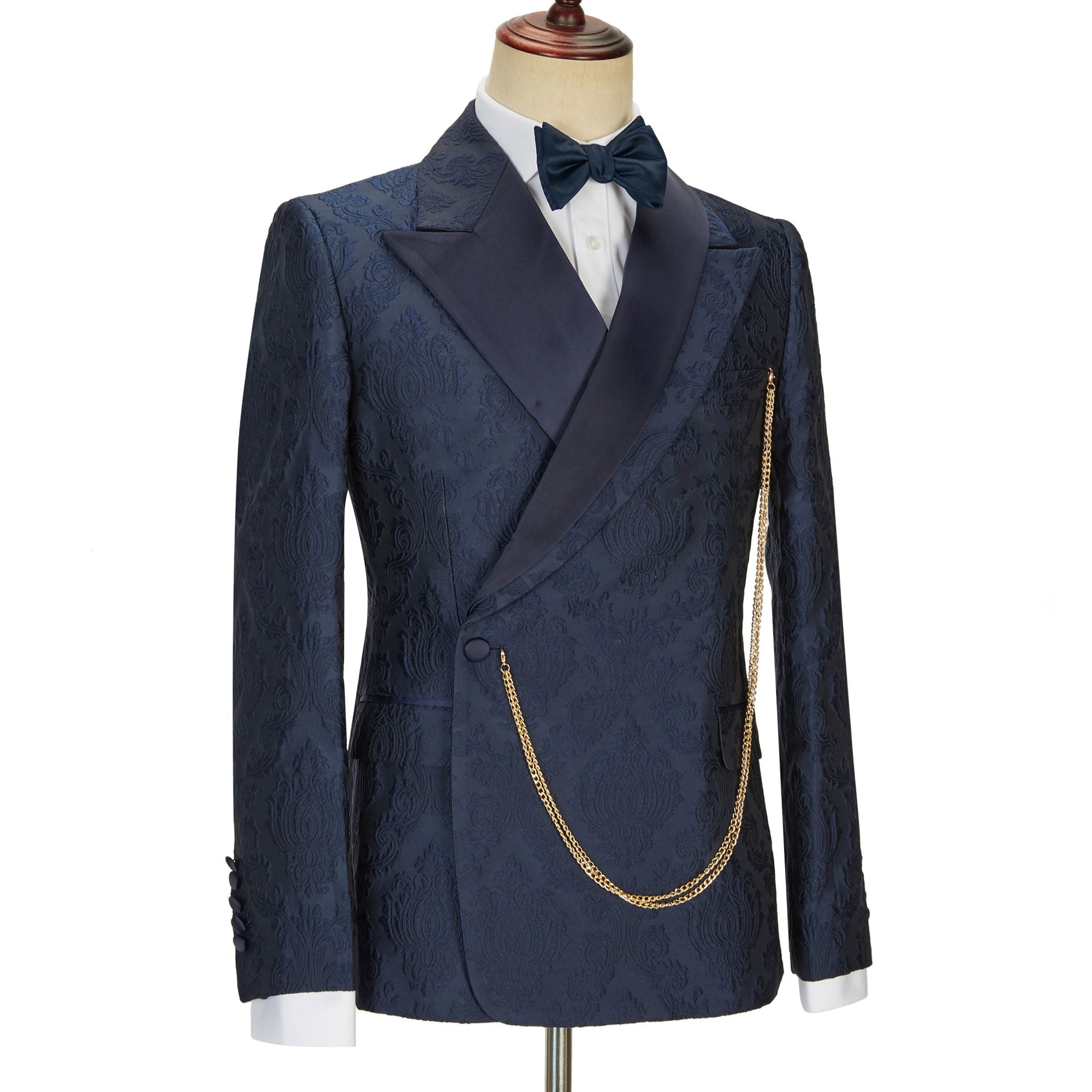 New Arrival Navy Blue Slim Fit Jacquard Peaked Lapel Wedding Suit for Men by Brandon