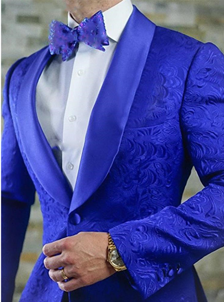 Royal Blue Shawl Lapel Jacquard Groomsmen Tailcoats Blazer 2 Pieces