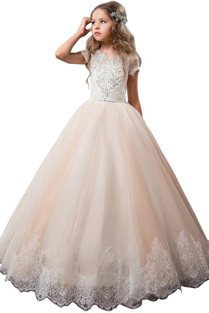 Light Pink Short Sleeve Scoop Neck Ball Gown Flower Girls Dress