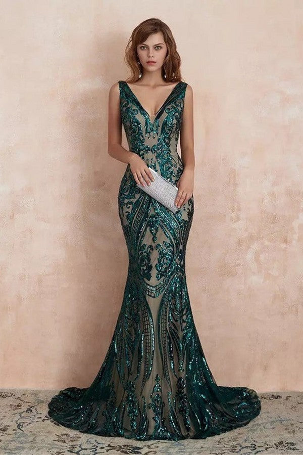 Dark Green V-Neck Sleeveless Evening Dress Mermaid with Sequins