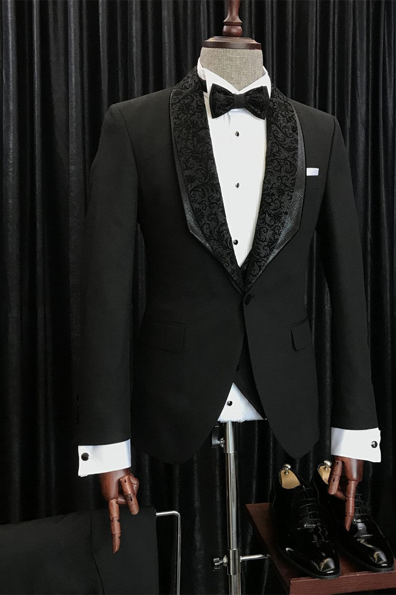 Augustus Stylish Black Slim Fit Wedding Men Suits with Special Jacquard Lapel