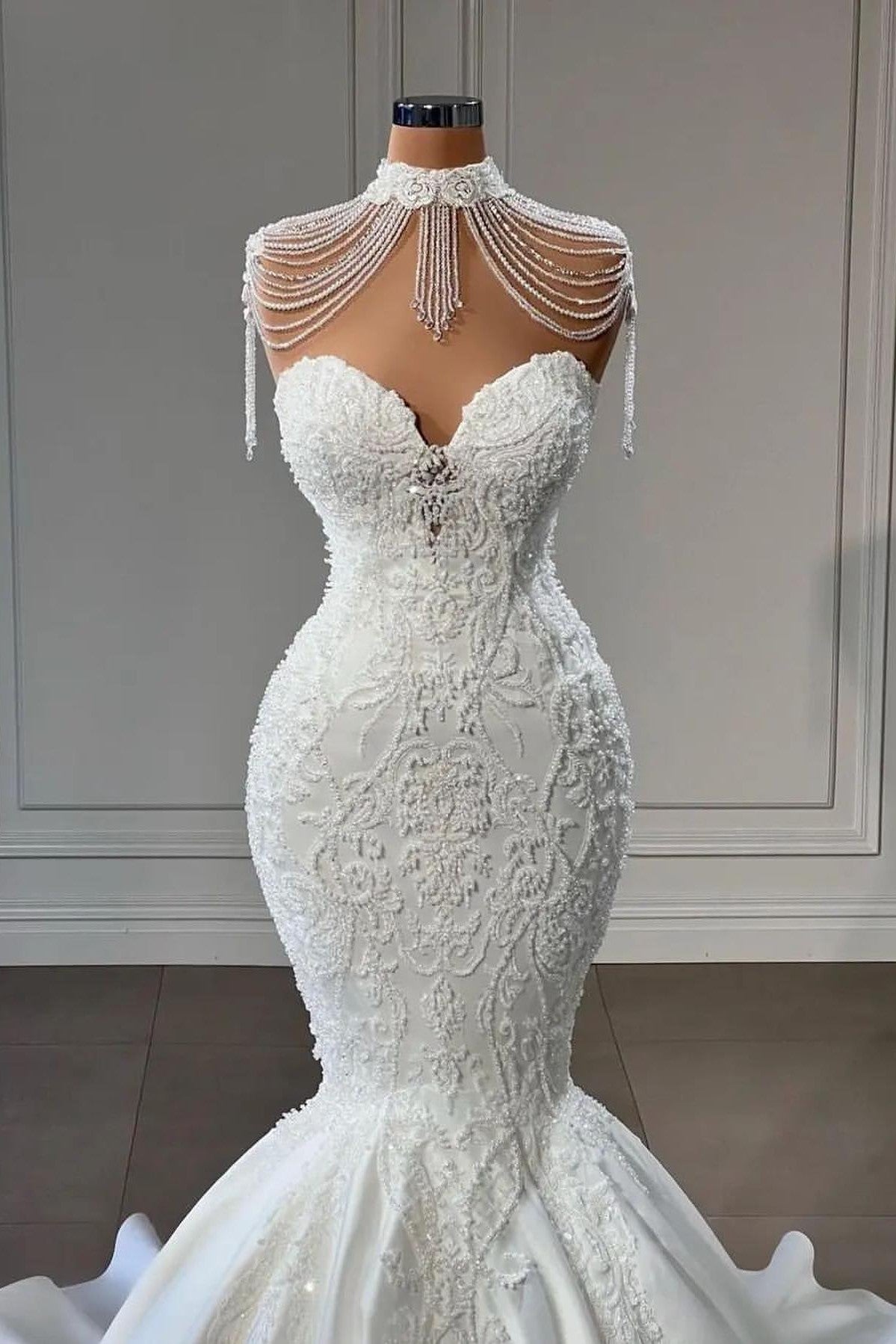 Luxury Long Mermaid Sweetheart Satin Pearl Wedding Dress with Lace