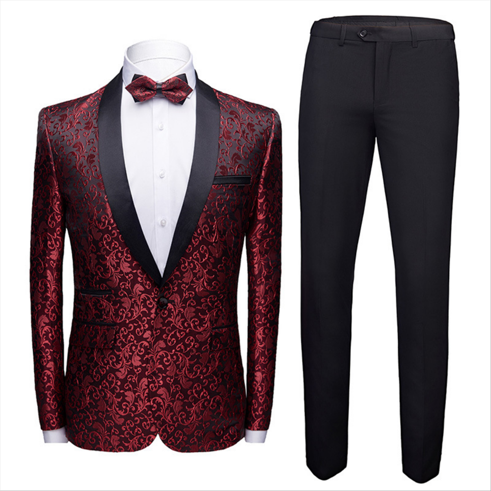 Classic Burgundy Jacquard Shawl Lapel Wedding Tuxedos with Black Satin