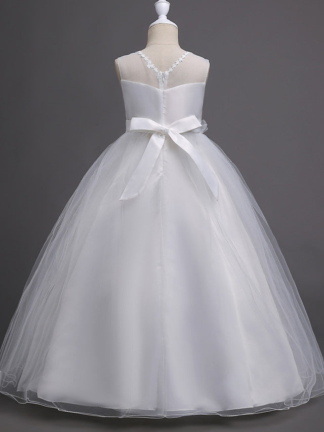 Elegant Lace Bow Appliques Floor Length Sleeveless Flower Girl Dresses