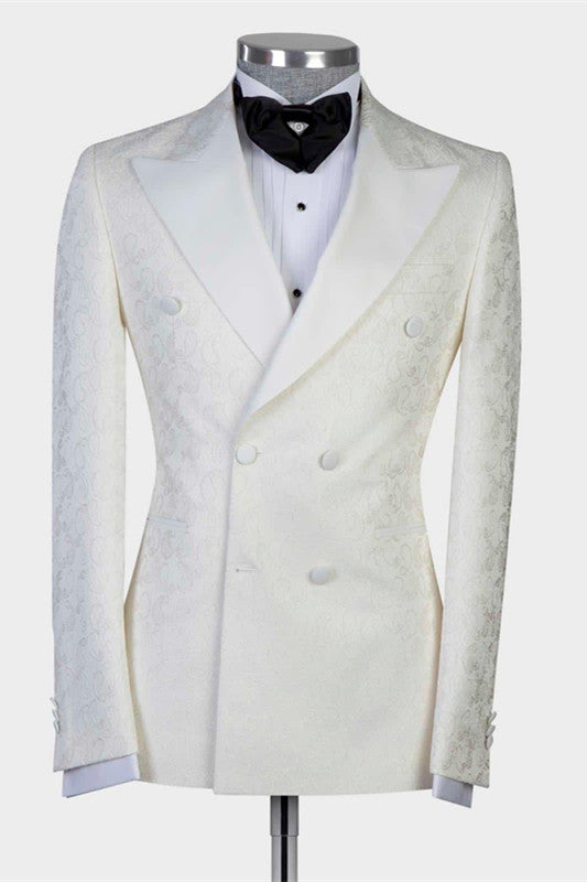 White Jacquard Peaked Lapel Wedding Suit for Men