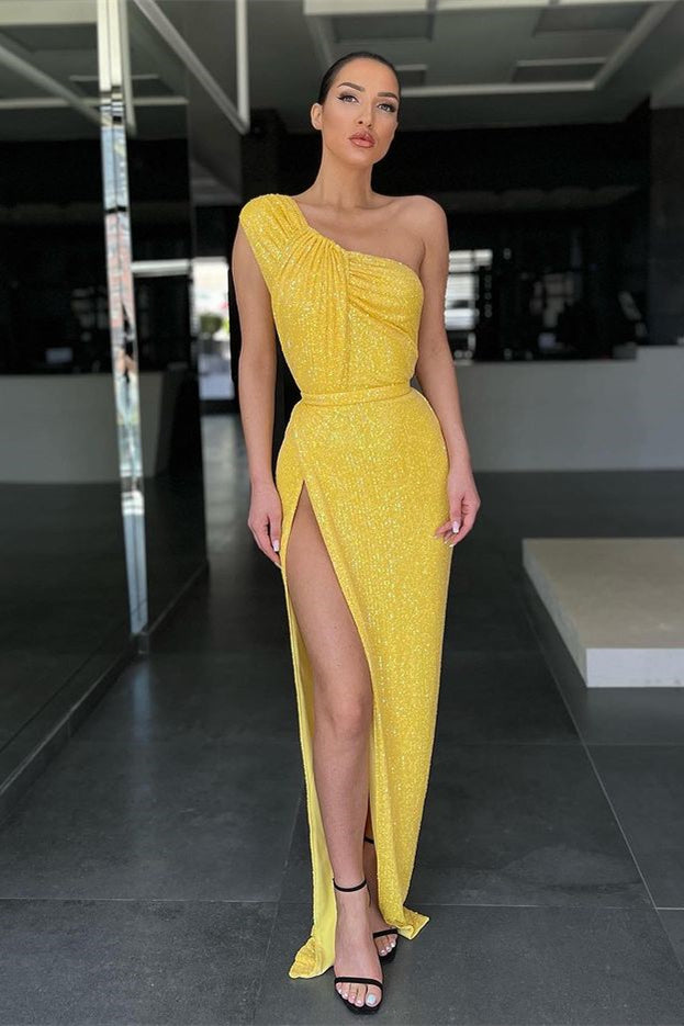 Yellow Mermaid Evening Dress With Sequins and Split