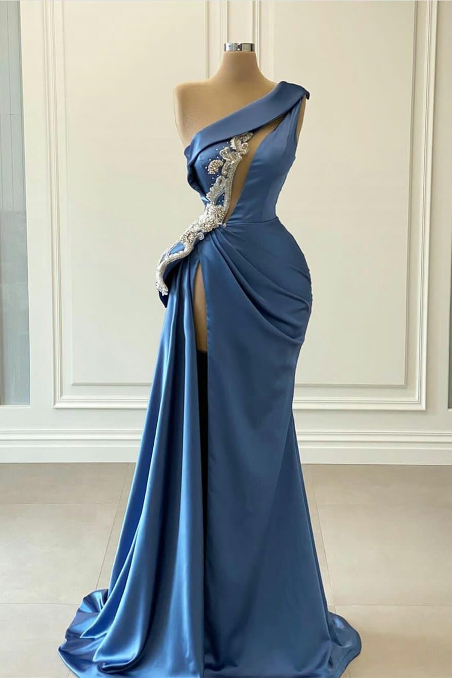 Gorgeous One Shoulder Blue Mermaid Prom Dress With Beaded Detail