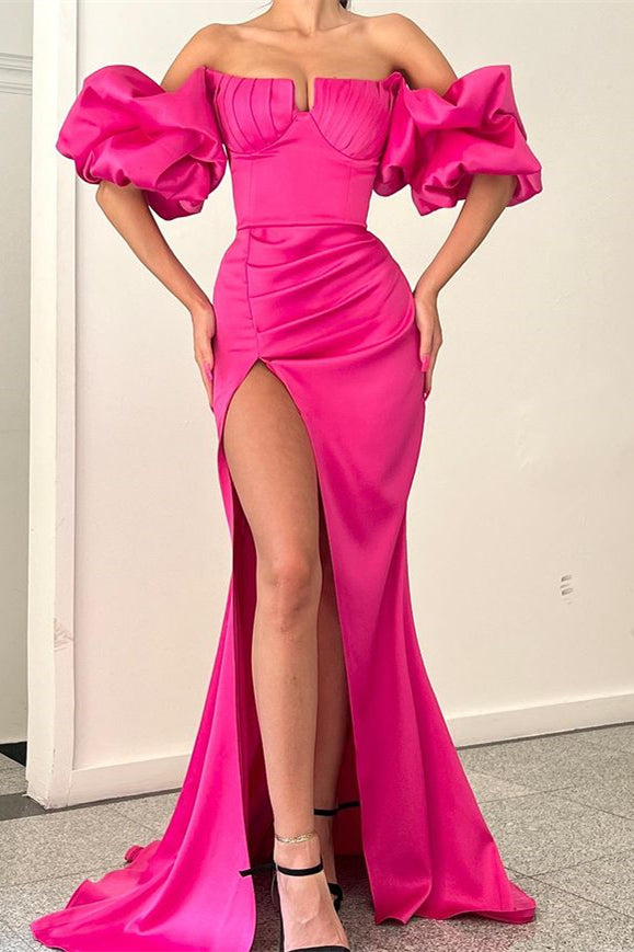 Fuchsia Strapless Evening Dress With Puff Sleeves & Split for Special Occasions