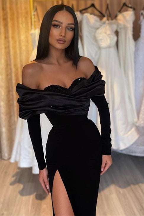 Mermaid Evening Dress With Split - Black Long Sleeves