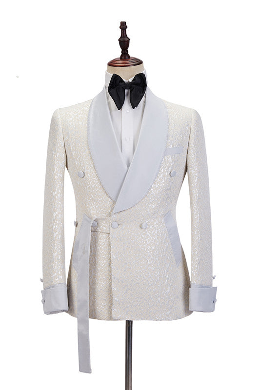 Chic Off White Shawl Lapel Slim Fit Jacquard Wedding Suit For Men