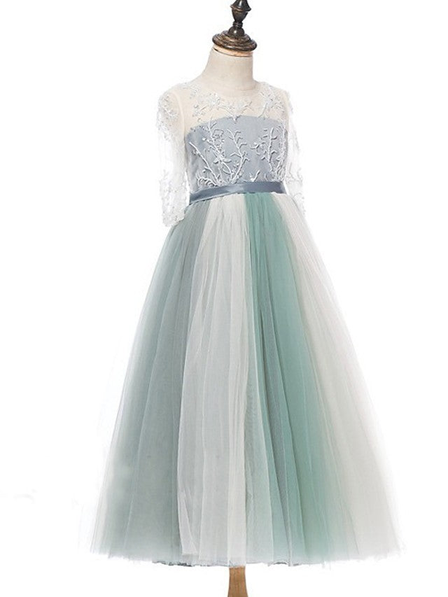 Half Sleeve Jewel Neck A-Line Flower Girl Dress with Lace Tulle and Bow Paillette