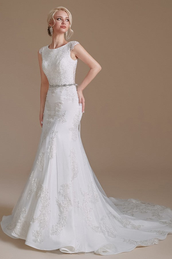 Gorgeous Jewel Mermaid Long Wedding Dress with Tulle Lace