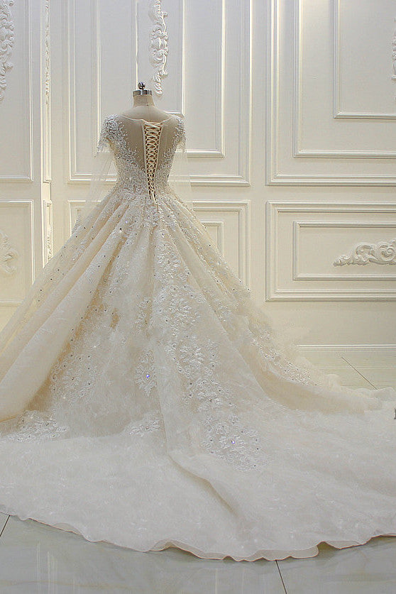 Bateau Long Sleeves Lace Appliques Ball Gown Wedding Dress