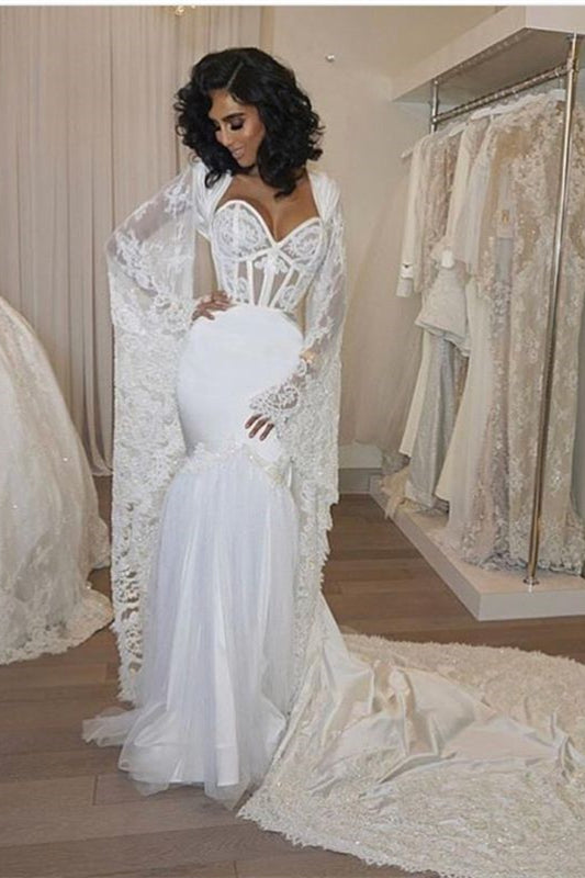 Modern Sweetheart Wedding Dress with Lace Mermaid Cape