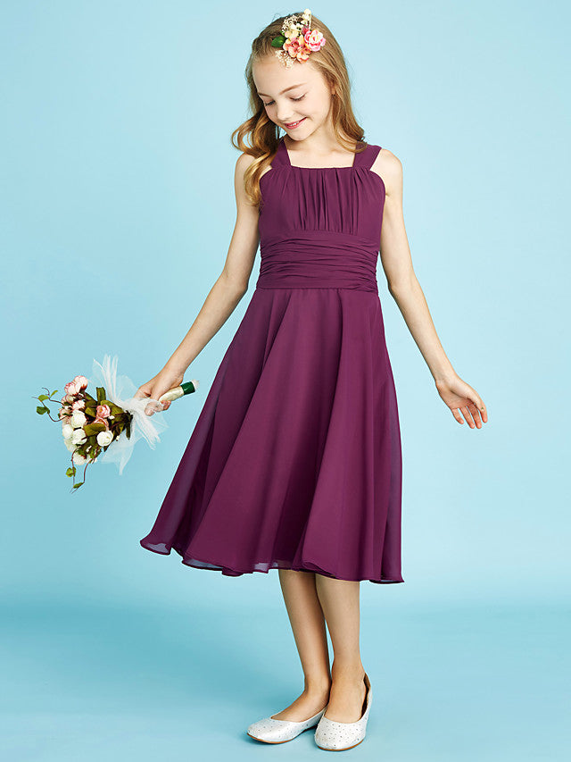 A-Line Straps Knee Length Chiffon Junior Flower Girl Dress with Sash Draping and Natural Look