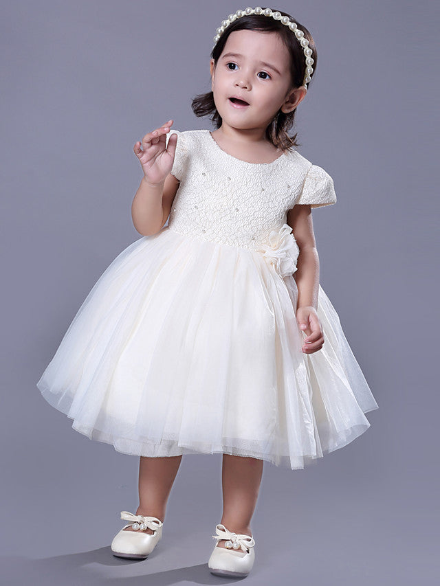 Short Sleeve Beading and Lace Flower Girl Dress with Belt