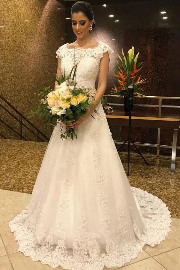 Elegant A-line Jewel Floor Length Wedding Dress with Lace