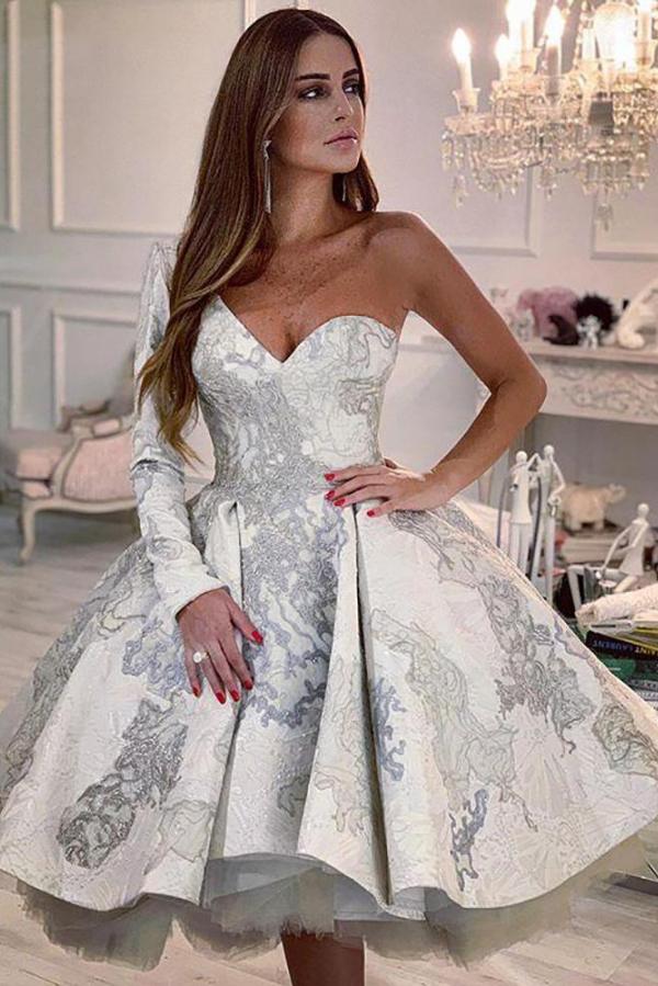 Elegant A-line One Shoulder Wedding Dress with Floral Pattern and Sleeves