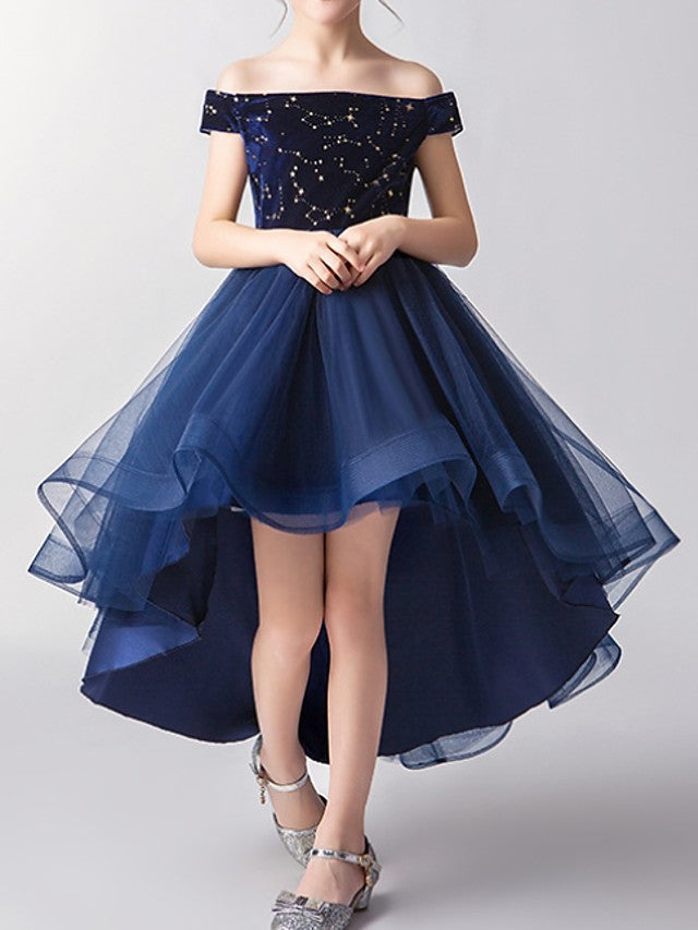 Short Sleeve A-Line Tulle Flower Girl Dress With Off Shoulder Print