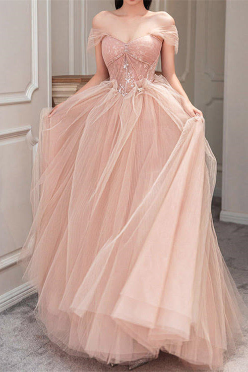 Pink Off-The-Shoulder Long Prom Dress Sweetheart With Pearls