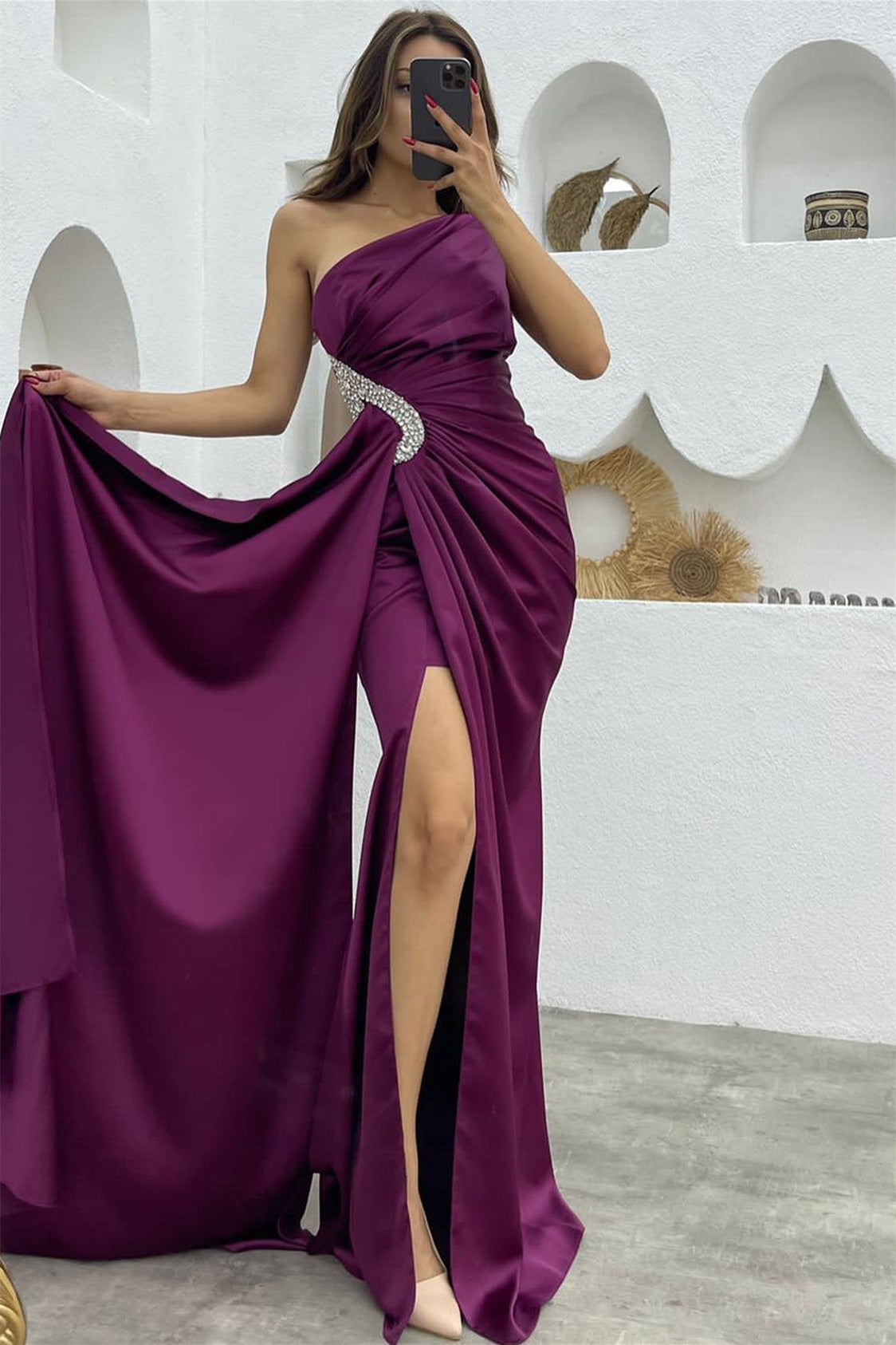 Dark Purple Sequins Mermaid Evening Dress with Long Ruffles Split