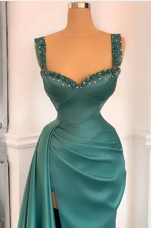 Mermaid Straps Beadings Prom Dress with Slit