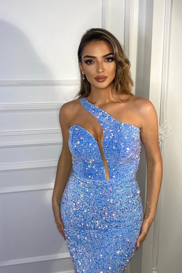 Mermaid Evening Dress with Sparkly Blue High Neck and Split