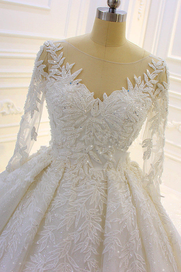 Luxury Beading Wedding Dress With Lace Appliques and Long Church Train Sleeves