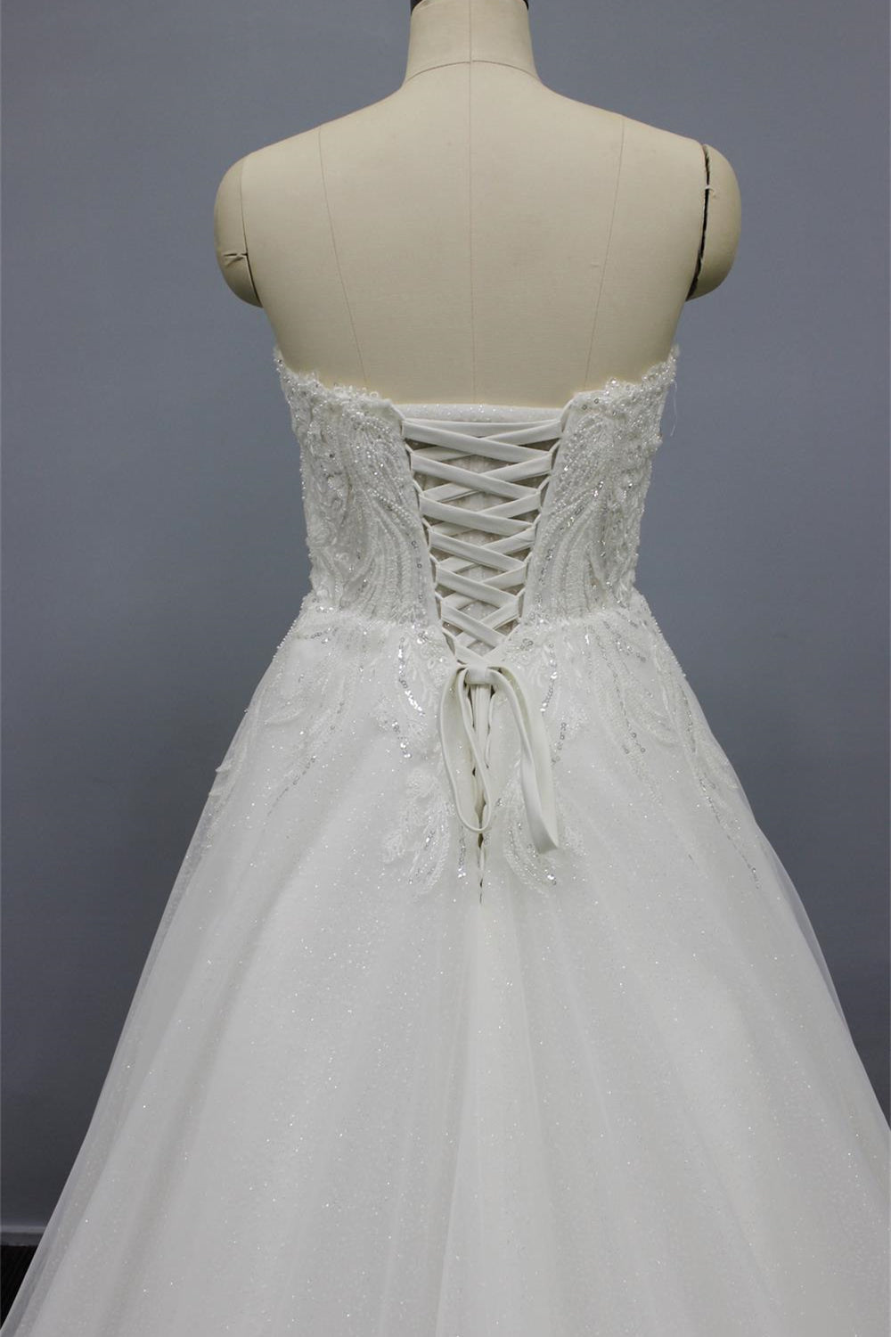 White Strapless A Line Wedding Dress with Tulle Appliques, Beading & Glitter Powder