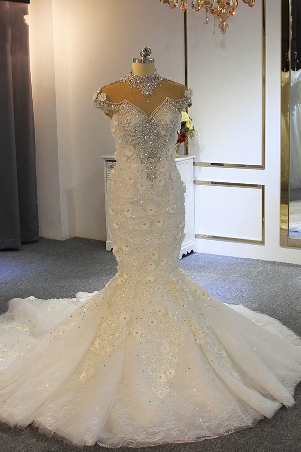 Gorgeous High Neck Crystal Tulle Floor-length Mermaid Wedding Dress with Appliques Lace